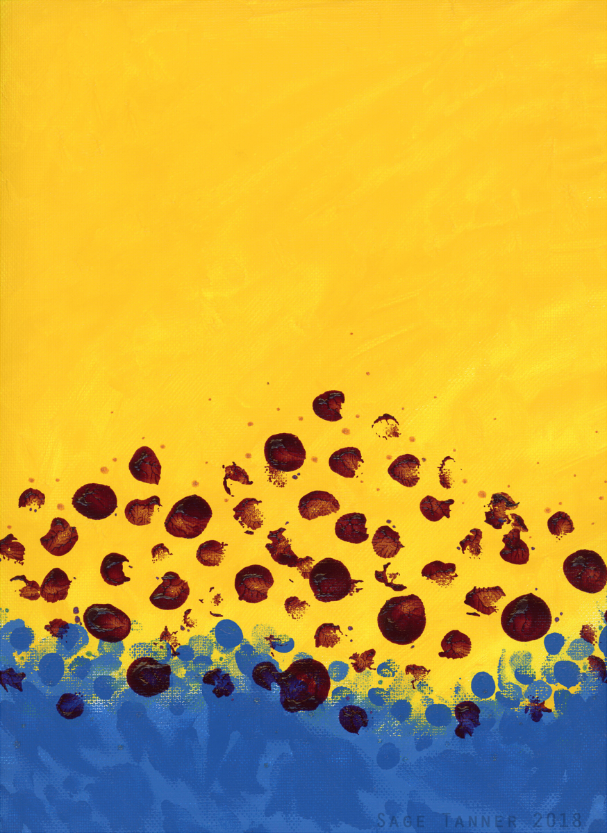 A bright yellow and blue painting with dark maroon spots.