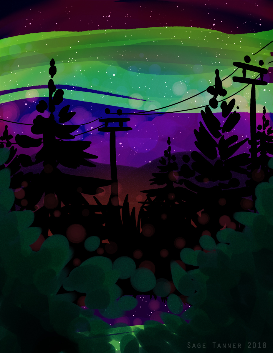 A digital painting of dark trees and powerlines with bright green ribbons of northern lights.