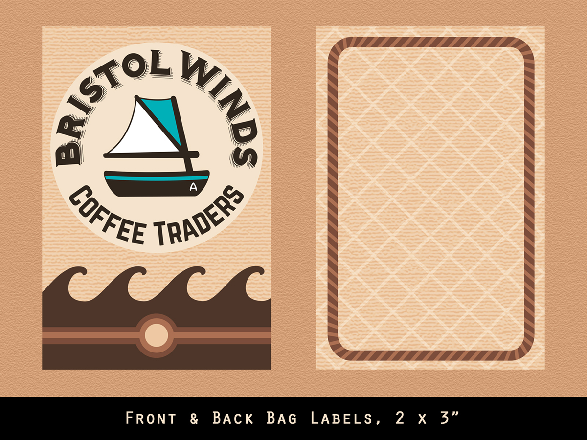 Front and back bag labels for Bristol Winds Coffee Traders.