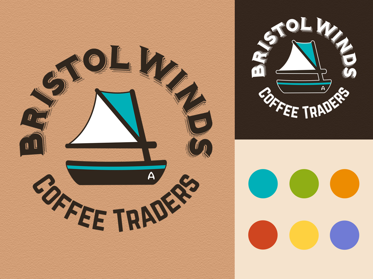 Logo for Bristol Winds Coffee Traders, featuring a double-ender sailboat.