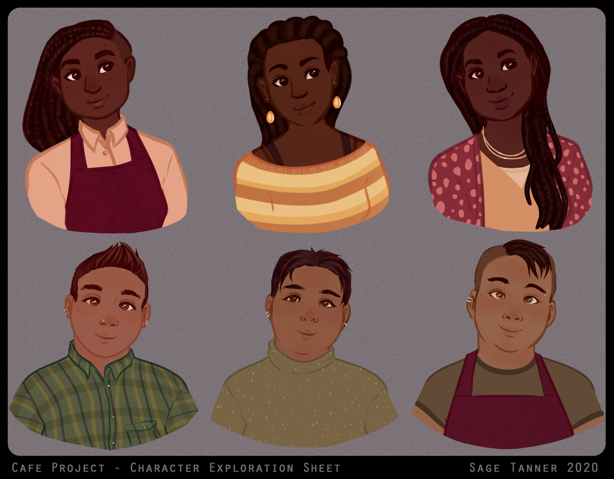 A sheet of character explorations for a cafe themed project.