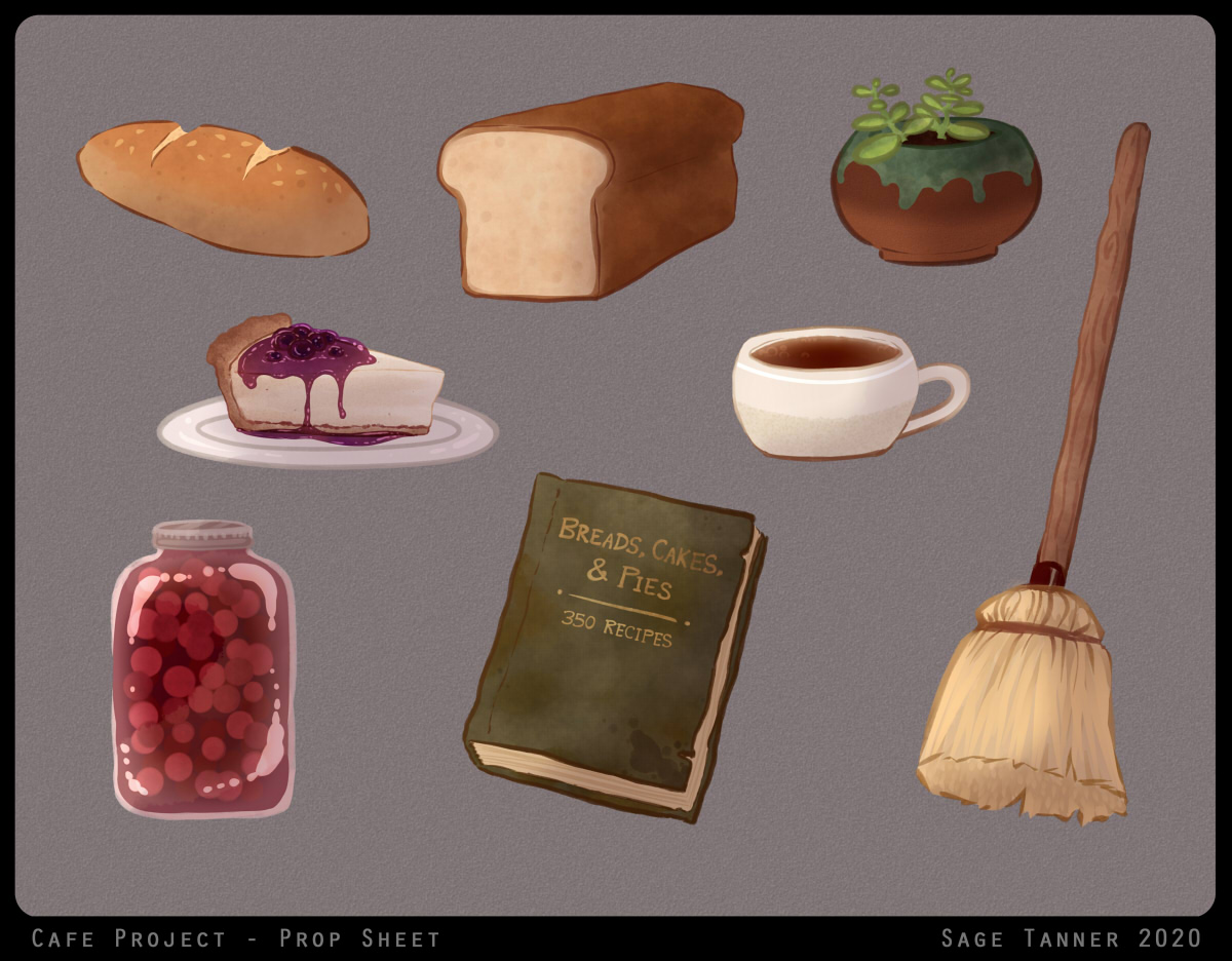 A sheet of prop concepts for a cafe themed project.