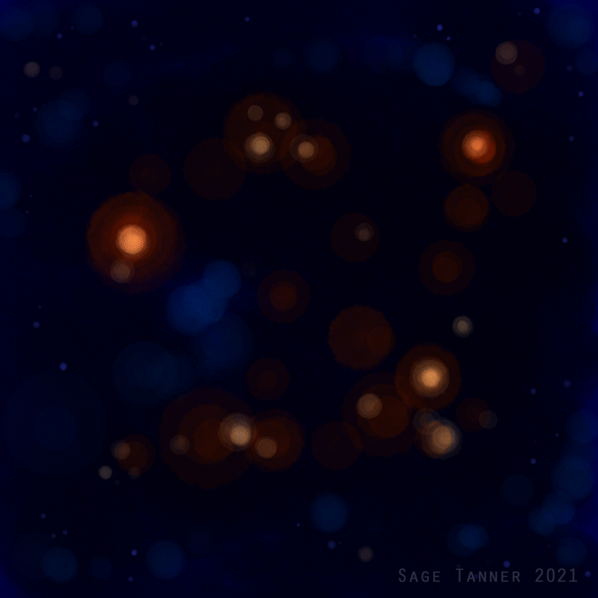 An abstract digital painting of small orange spots on a dark blue background.