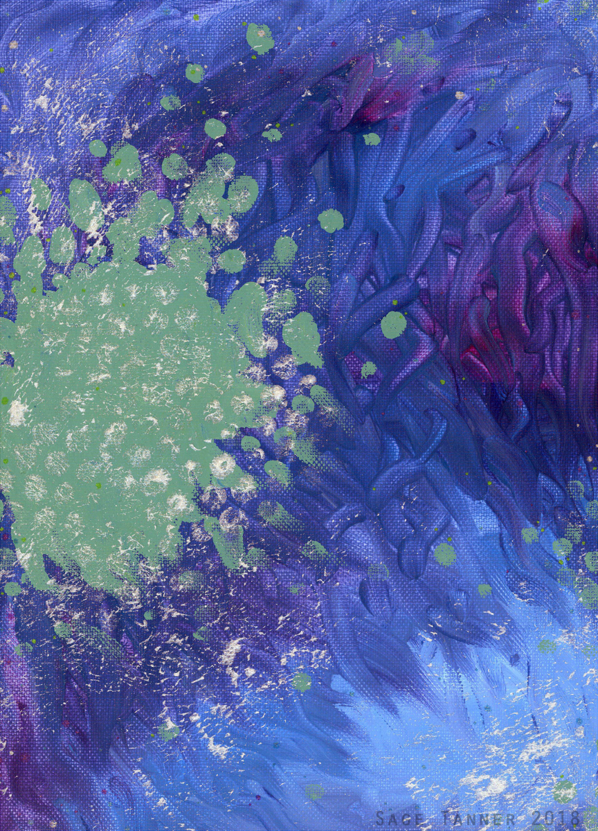 A blue and purple painting with seafoam green patches and silver spray.