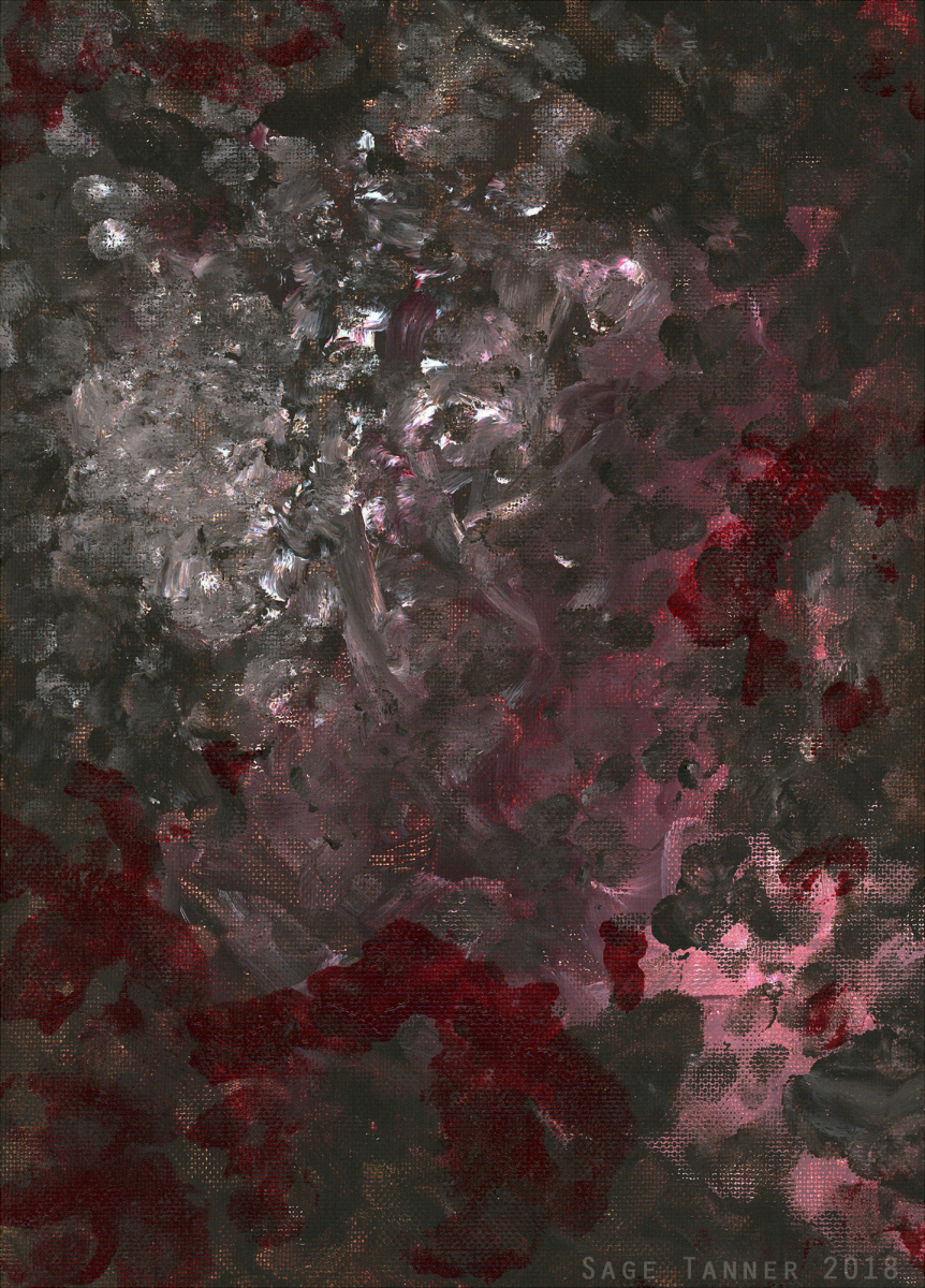 A brown, pink, and white painting with crimson splatter.