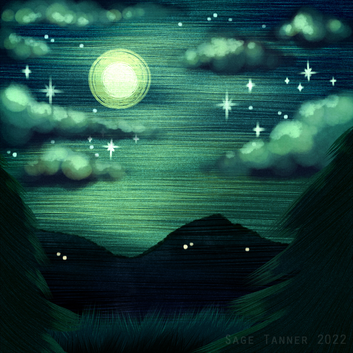 A digital painting of the full moon over a dark mountain field.