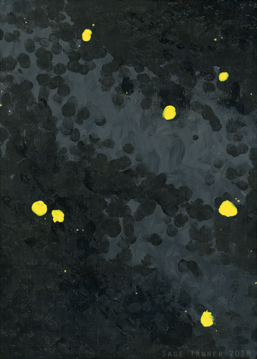 A black and gray painting with bright yellow spots.