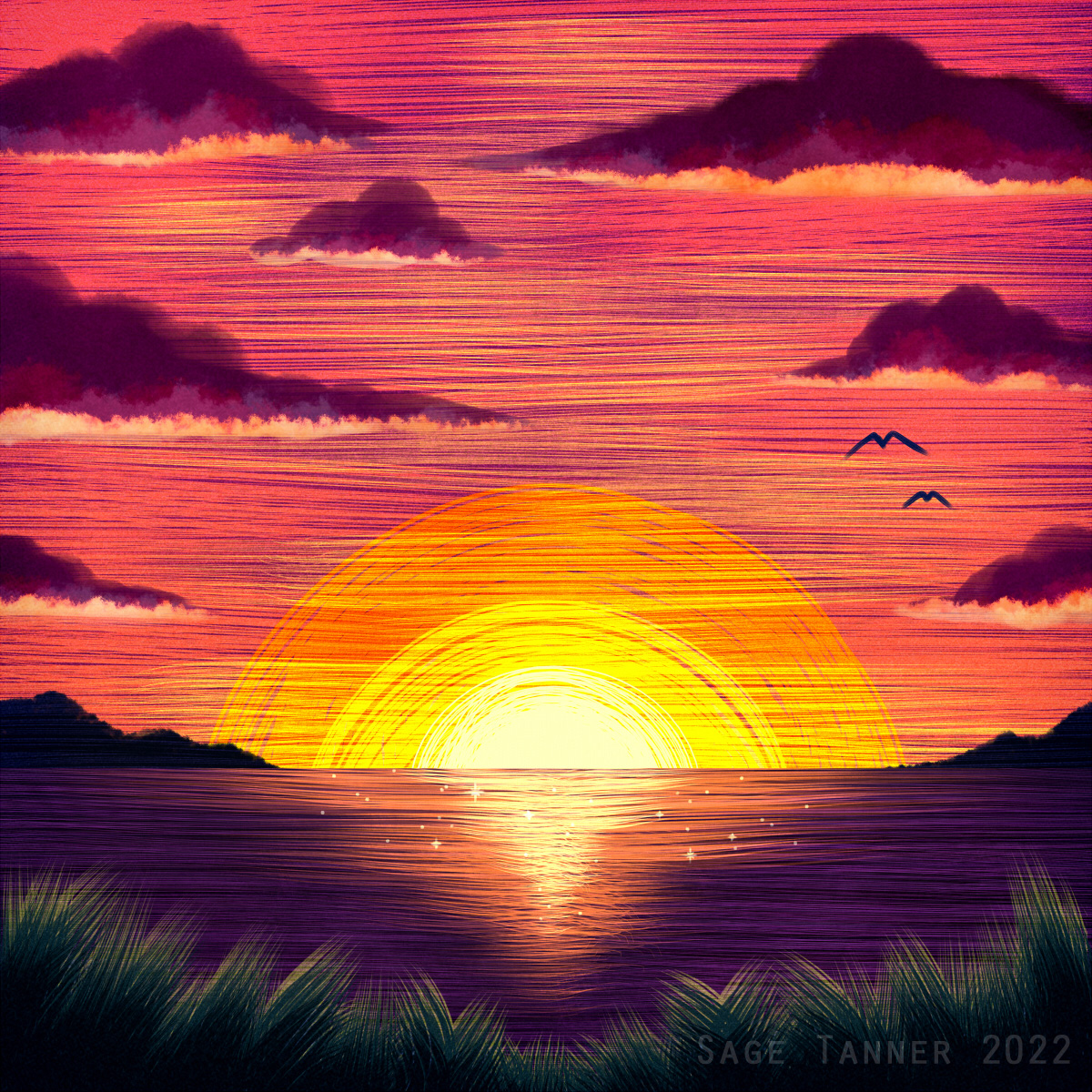 A digital painting of an orange sunset over the ocean.