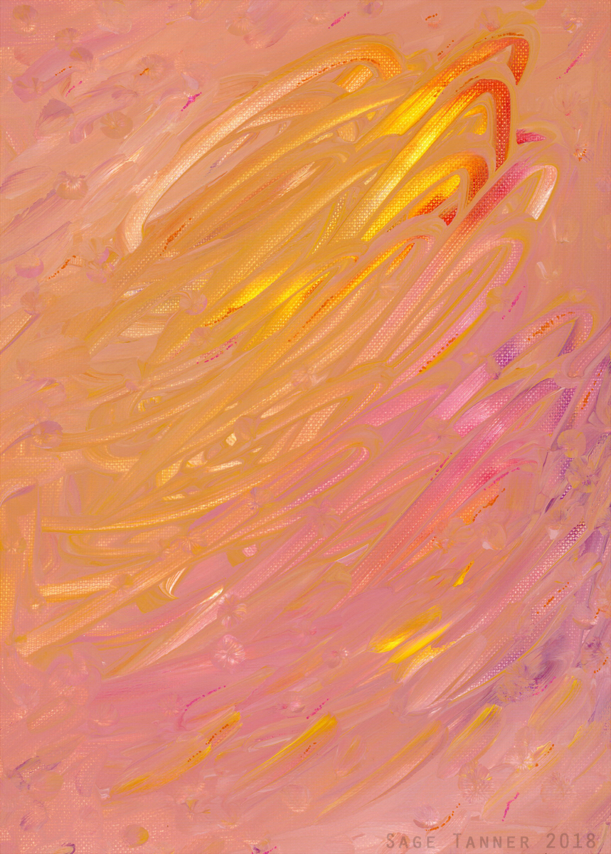 A pink painting streaked with yellow, orange, and purple.