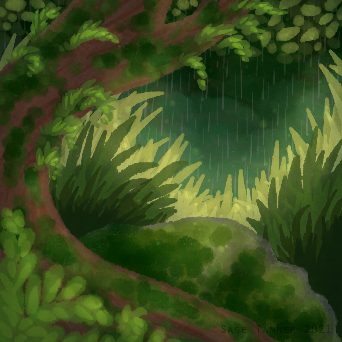 A digital painting of a lush green forest with rain falling.