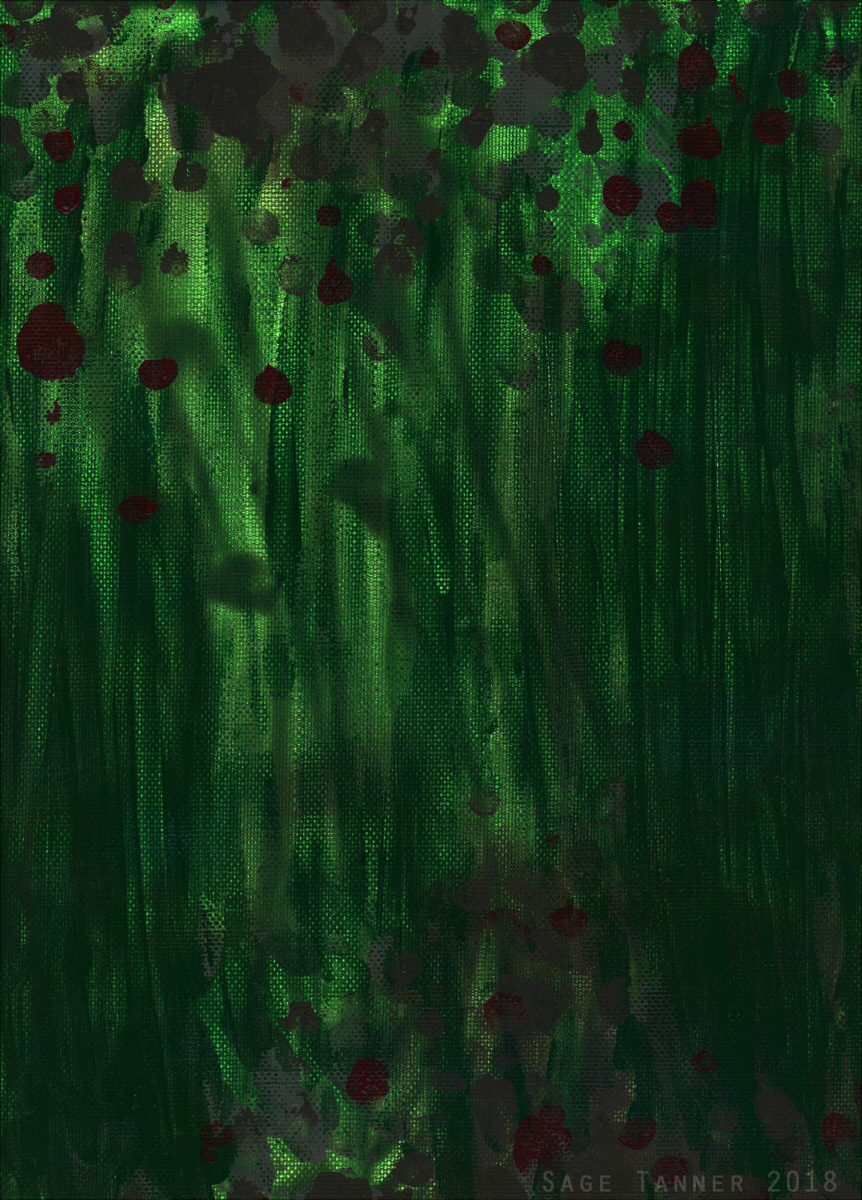 A streaky dark green painting with dark red and gray spots.