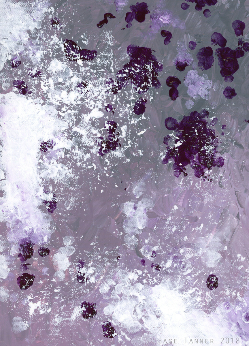 A lavender painting with violet spots and white spray.