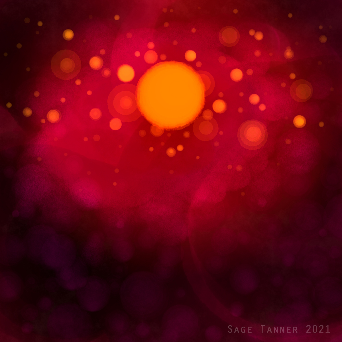 An abstract digital painting of glowing orange spots on a deep red background.