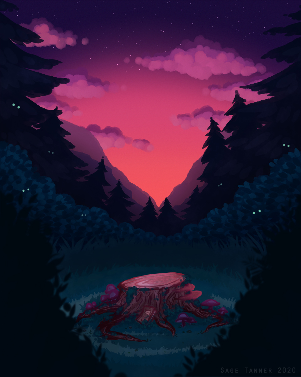 A digital painting of a bright pink sunset in the deep woods.