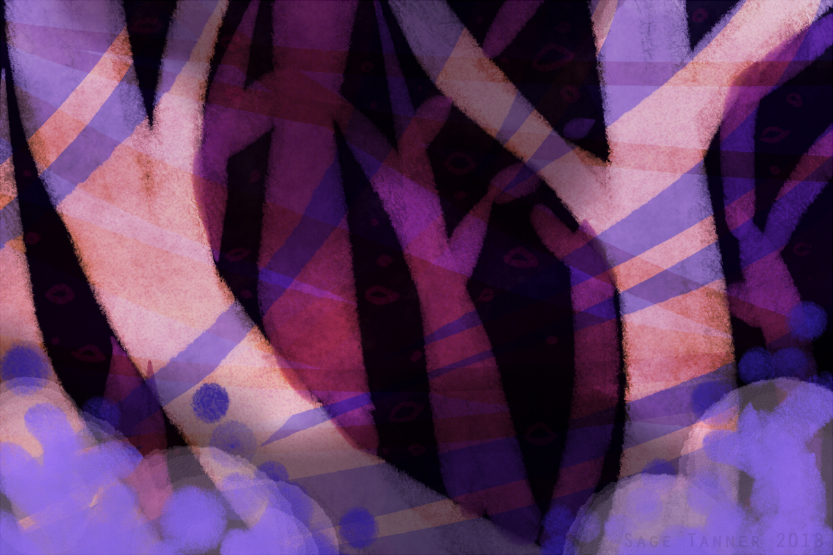 A digital painting of bare pink and purple tree trunks against a black background.