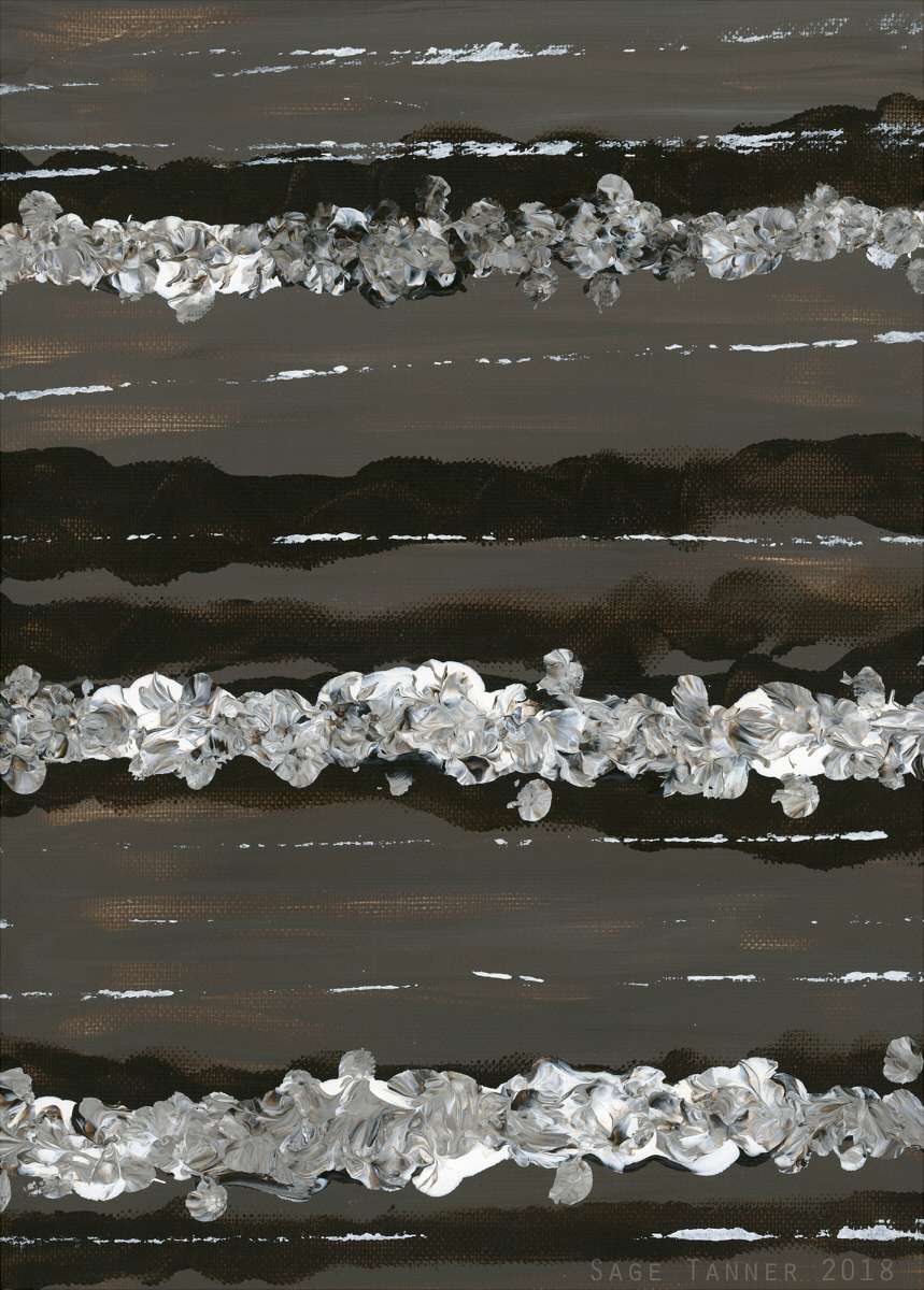 A soft brown painting with scratchy horizontal stripes of dark brown and white.