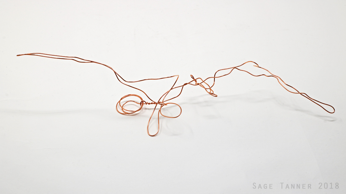 A small abstract creature made of copper wire, one of six.