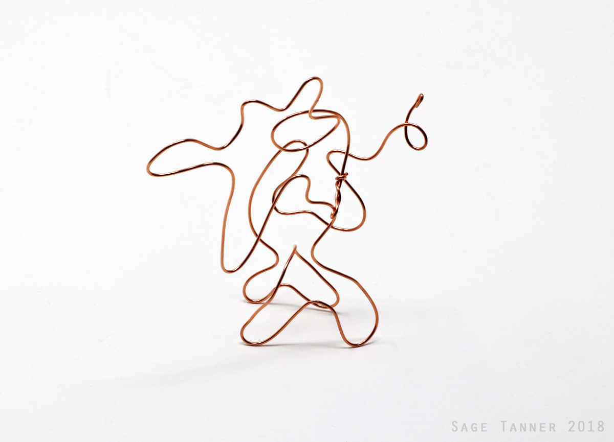 A small abstract creature made of copper wire, two of six.