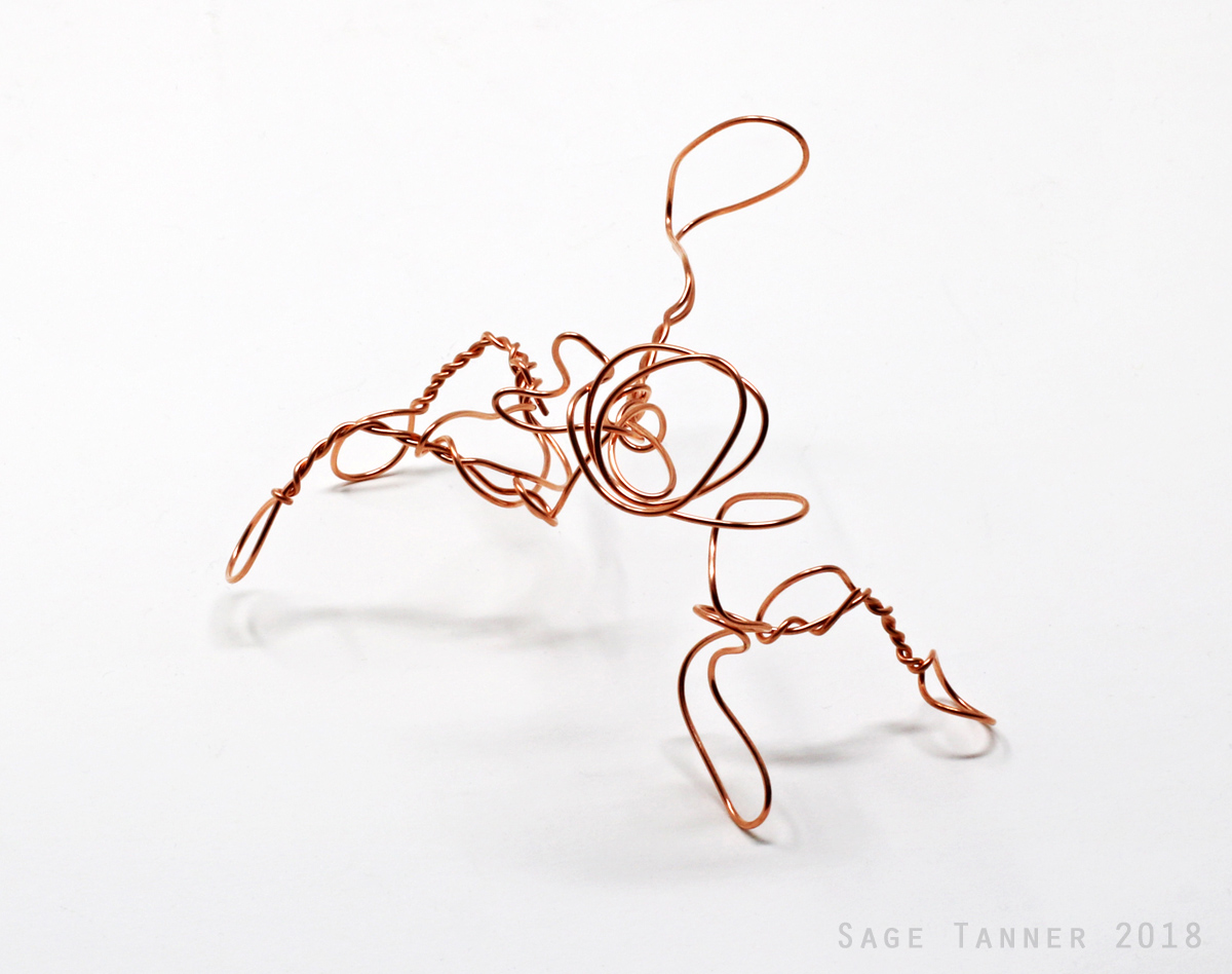 A small abstract creature made of copper wire, five of six.